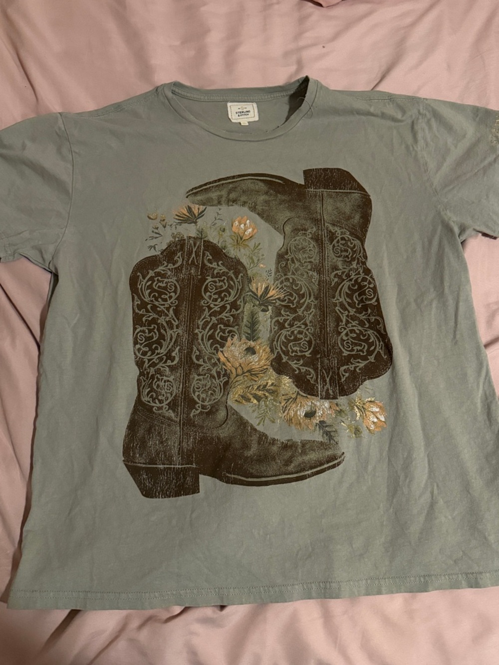 Sage Green Short Sleeve Tee with Western Boot Graphic